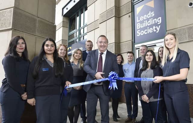 Graham Binns (centre), Leeds Building Society's head of branch network, opens new Edinburgh branch with colleagues. Picture: Neil Hanna Photography