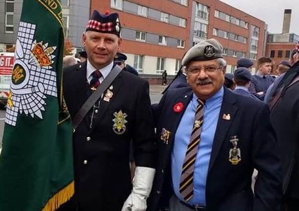Alexander Alum (right) at the parade for the new Dennistoun War Memorial with John Walker of the RHF (Royal Highland Fusiliers) Association.