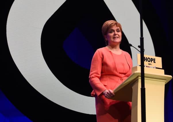 Scotland's First Minister and leader of the Scottish National Party (SNP), Nicola Sturgeon, delivers her keynote speech to delegates on the final day of the SNP annual conference. Picture: Getty Images