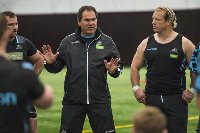 Glasgow Warriors head coach Dave Rennie, with new signing Petrus du Plessis. Picture: Gary Hutchison/SNS