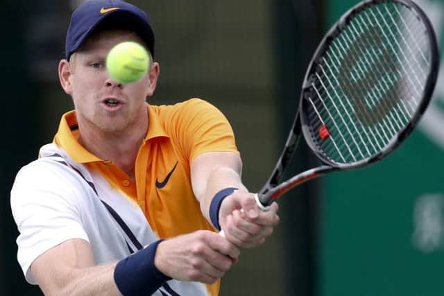 Kyle Edmund hits a return shot on his way to victory over Nicolas Jarry of Chile at the Shanghai Masters. Picture: Andy Wong/AP
