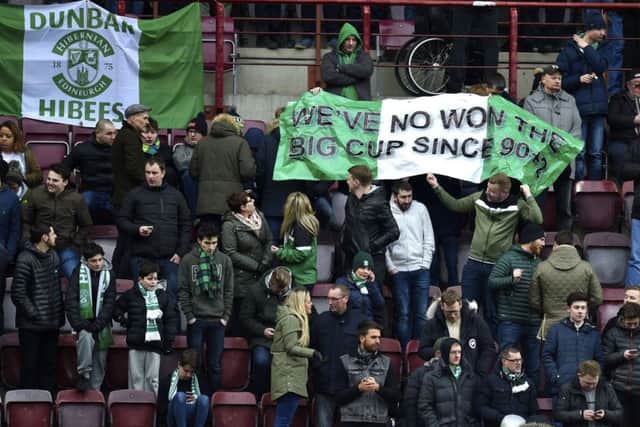 Hibs fans pictured in the away end at Tynecastle. Picture: SNS Group