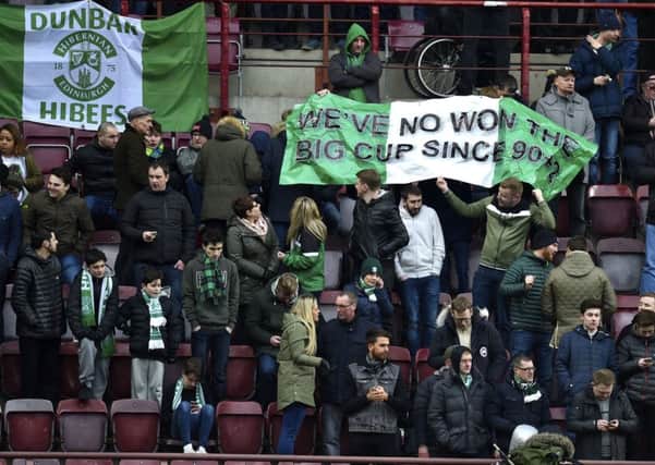 Hibs fans pictured in the away end at Tynecastle. Picture: SNS Group