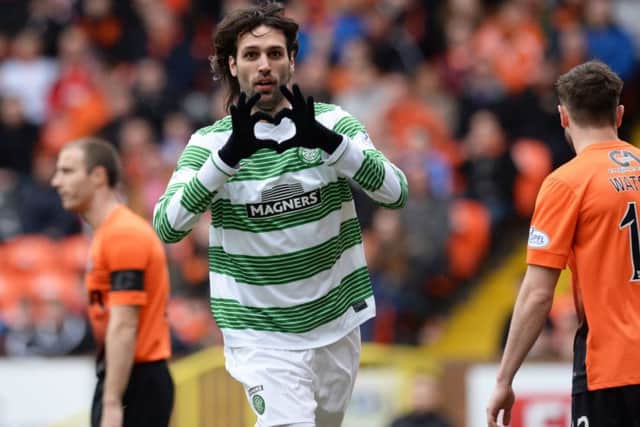 Georgios Samaras celebrates a goal for Celtic against Dundee United in April 2014. Picture: SNS Group
