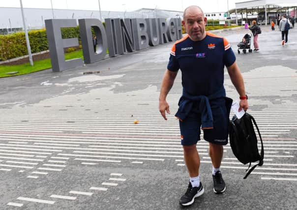 Edinburgh head coach Richard Cockerill arrives at Edinburgh airport ahead of the trip to Montpellier. Picture: Gary Hutchison/SNS/SRU