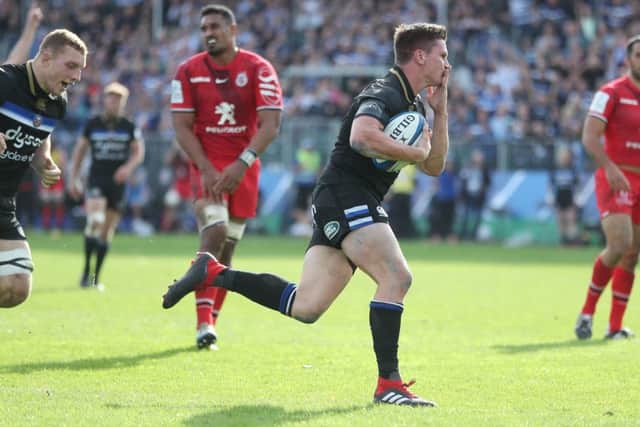 Bath's Freddie Burns celebrates as he runs behind the posts but fails to ground the ball to score against Toulouse. Picture: PA