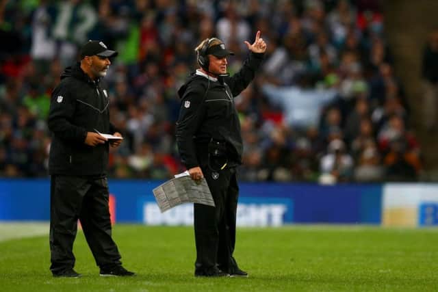 Jon Gruden delivers instructions to his Oakland Raiders team during the Wembley defeat by Seattle Seahawks. Picture: Dan Istitene/Getty Images