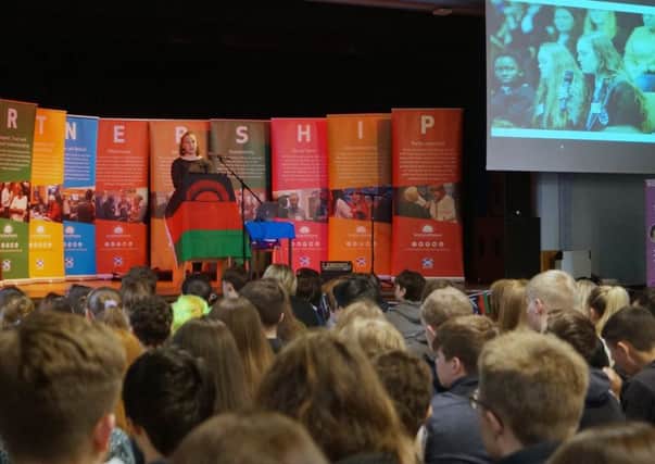 Gemma Burns, Scotland Malawi Partnership Youth and Schools Officer, speaking at Penicuik High School's Malawi Day. Photo Bailey Dickerson