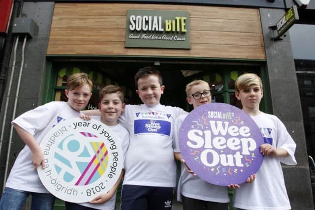Kids from Burnbrae primary p5 class at social bite who are doing a wee sleep out -
l-r, Cole Hood, Cosmo MacDougal, Ollie Willis, Robert Hodge, Lachlan Johnson