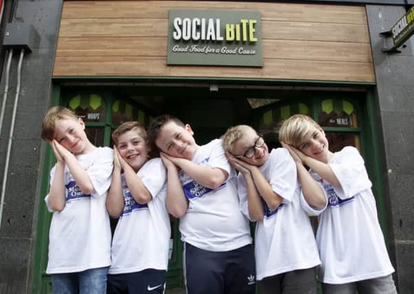 Kids from Burnbrae primary p5 class at social bite who are doing a wee sleep out - l-r, Cole Hood, Cosmo MacDougal, Ollie Willis, Robert Hodge, Lachlan Johnson