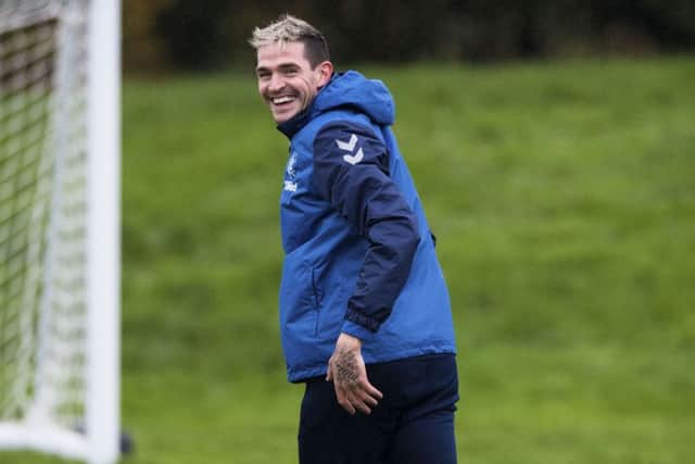 Kyle Lafferty was all smiles at training but will miss Rangers' trip to Hamilton. Picture: SNS Group