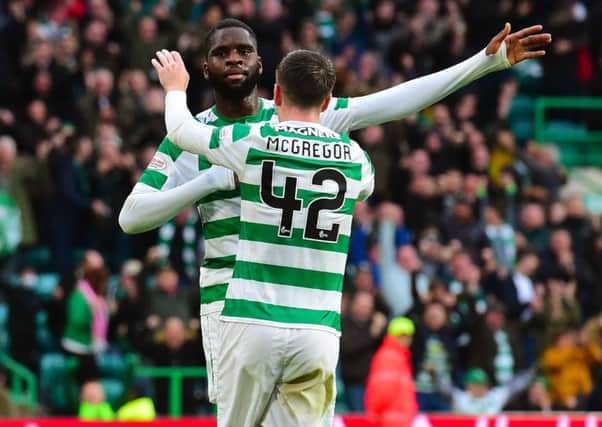 Celtic's Odsonne Edouard celebrates with Callum McGregor (right) after he makes it 4-2. Picture: SNS Group
