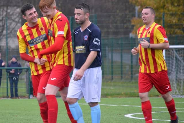 Josh O'Hare is congratulated after scoring for Rossvale against Cumbernauld United (pic by HT Photography/@dibsy_)