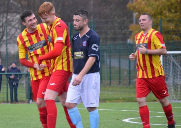 Josh O'Hare is congratulated after scoring for Rossvale against Cumbernauld United (pic by HT Photography/@dibsy_)