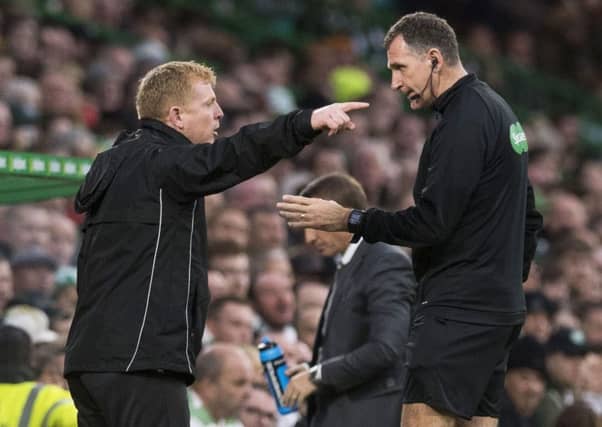Hibs boss Neil Lennon remonstrates with the fourth official. Picture: SNS