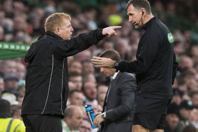 Hibs boss Neil Lennon remonstrates with the fourth official. Picture: SNS