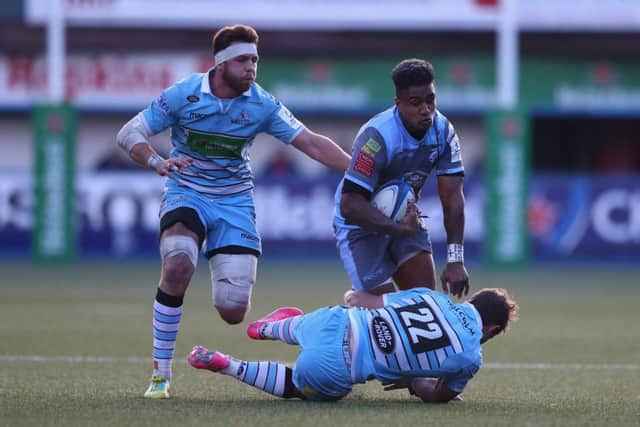 Rey Lee-Lo of Cardiff is tackled by Glasgow's Peter Horne... we think. Picture: Getty