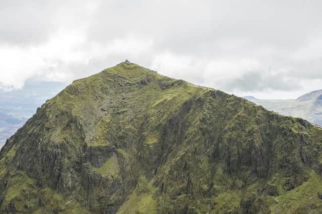Mount Snowdon side view, showing final accent route from Llanberis, Miners and Pyg tracks. Pic: Shutterstock by Willy Barton
