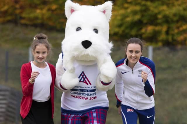 Laura Muir helps launch the new European Athletics Indoor Championships Glasgow 2019 mascot - Scottee the Scottie dog. Pic: Craig Williamson/SNS