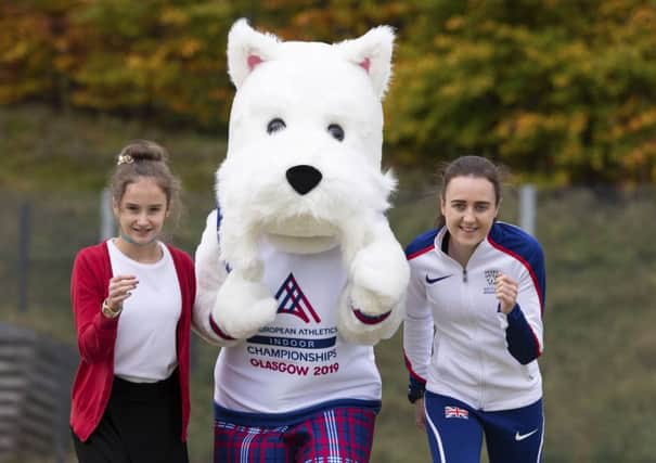Laura Muir helps launch the new European Athletics Indoor Championships Glasgow 2019 mascot - Scottee the Scottie dog. Pic: Craig Williamson/SNS