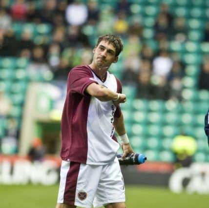 Rudi Skacel gestures to Hearts fans after Derek Riordan is shown a straight red card for a challenge on the Czech star in 2010. Picture: Ian Georgeson