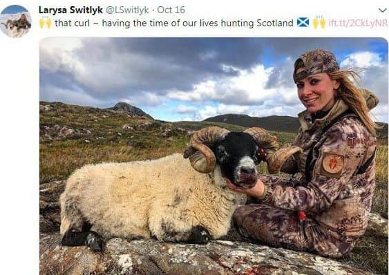 Big game specialist Larysa Switlyk has posted pictures of herself and clients posing with animals killed on a trip to Islay. Picture: Contributed
