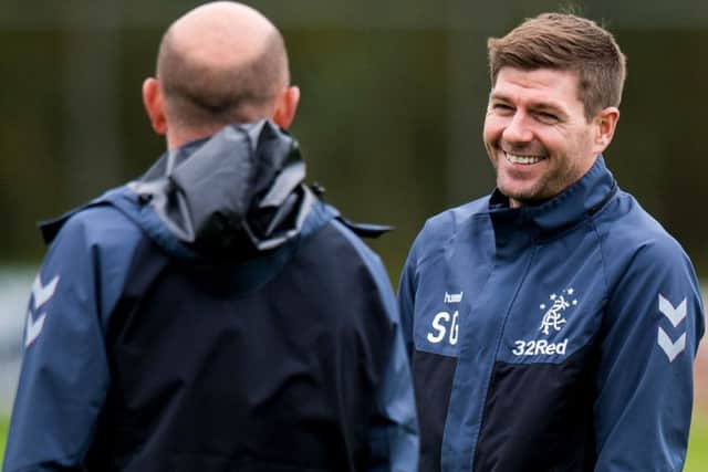 Rangers manager Steven Gerrard shares a joke with No 2 Gary McAllister. Picture: Ross Parker/SNS