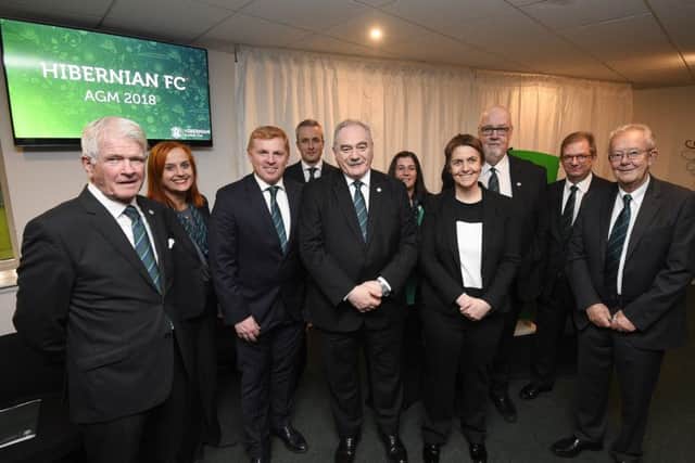 Chief executive Leeann Dempster, chairman Rod Petrie and manager Neil Lennon are joiend by the rest of the Hibs board ahead of the AGM. Picture: Greg Macvean
