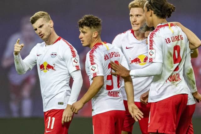 Timo Werner, far left, celebrates a goal for RB Leipzig with his team mates. Picture: Getty Images