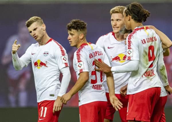 Timo Werner, far left, celebrates a goal for RB Leipzig with his team mates. Picture: Getty Images