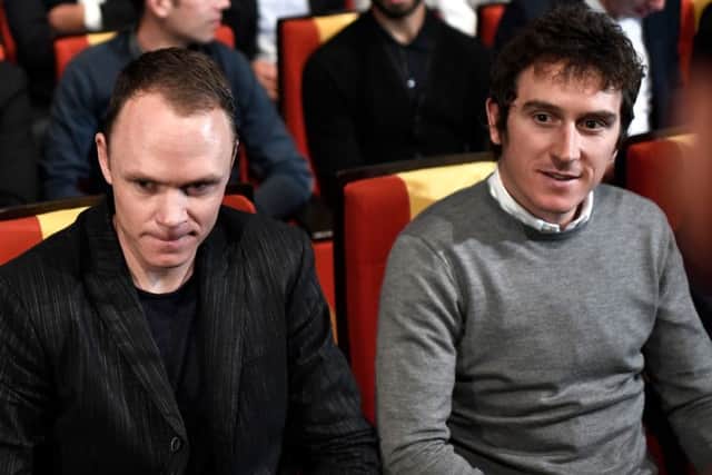 2018 Tour de France winner Geraint Thomas, right and Chris Froome at the 2019 route launch. Picture: Stephane De Sakutin/AFP/Getty