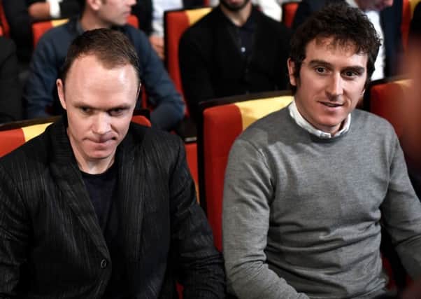 2018 Tour de France winner Geraint Thomas, right and Chris Froome at the 2019 route launch. Picture: Stephane De Sakutin/AFP/Getty