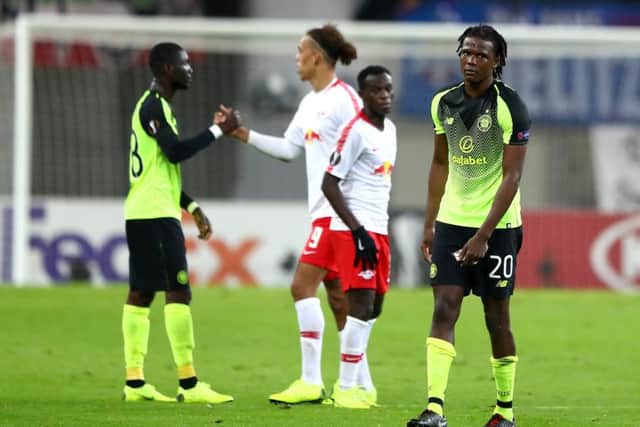 A dejected Dedryck Boyata after Celtic's 2-0 defeat at RB Leipzig. Picture: Martin Rose/Bongarts/Getty