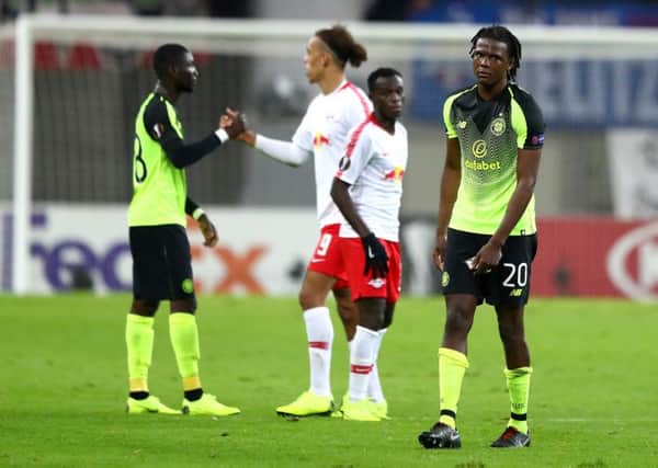 A dejected Dedryck Boyata after Celtic's 2-0 defeat at RB Leipzig. Picture: Martin Rose/Bongarts/Getty