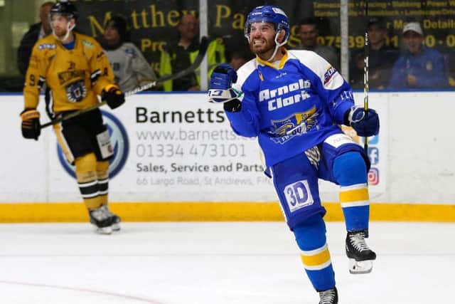 Carlo Finucci celebrates after scoring against Nottingham Panthers last weekend