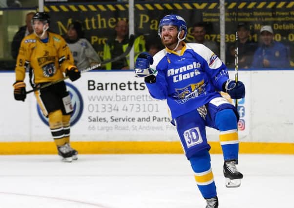 Carlo Finucci celebrates after scoring against Nottingham Panthers last weekend