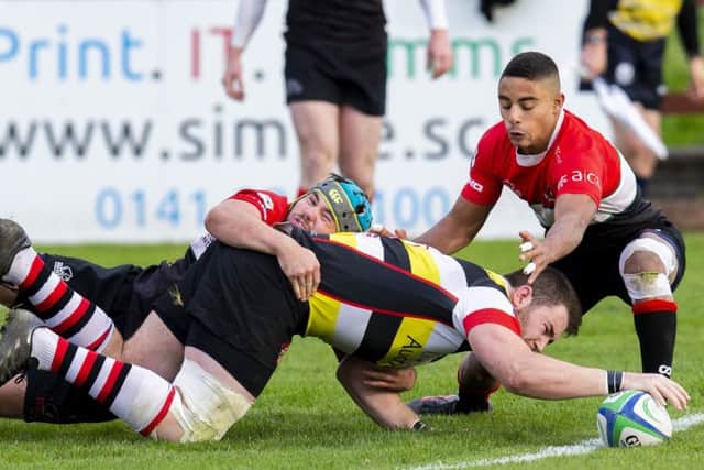 Stirling's Hamilton Burr goes over for a try. Picture: Bruce White/SNS