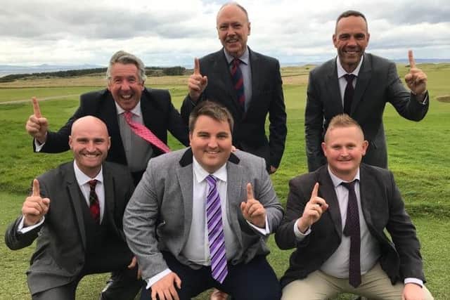 Front from left, Wallace Booth, Gavin Dear and Callum Macaulay were joined at their reunion by, back row, Ian Rae, George Crawford (the non-playing captain in 2008) and Spencer Henderson.