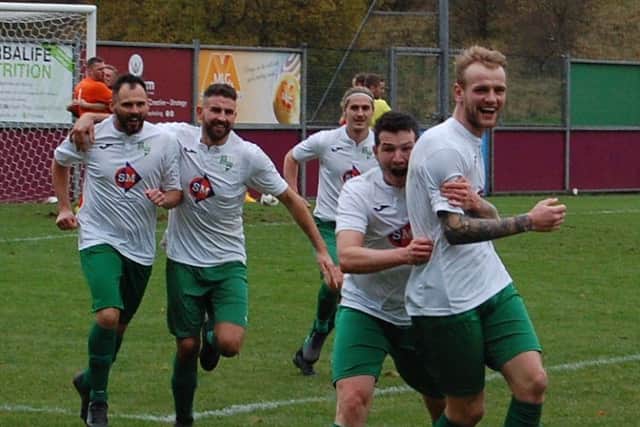 Thornton Hibs players celebrate third goal against Kirkintilloch Rob Roy in the Scottish Junior Cup third round
