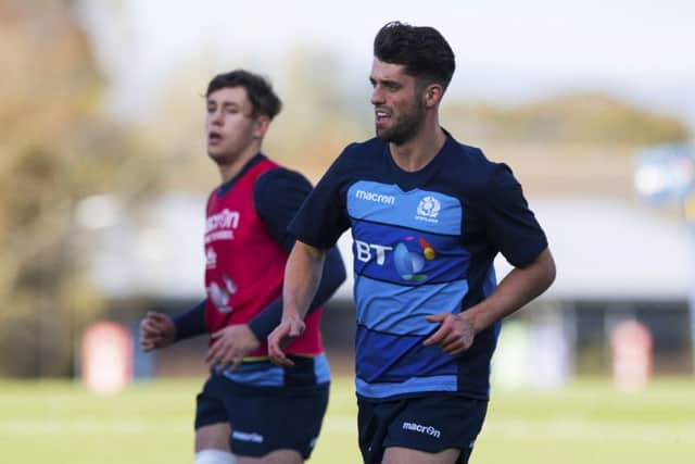 Adam Hastings, training with Scotland yesterday, is likely to lead the backline against Wales. Picture: SNS.