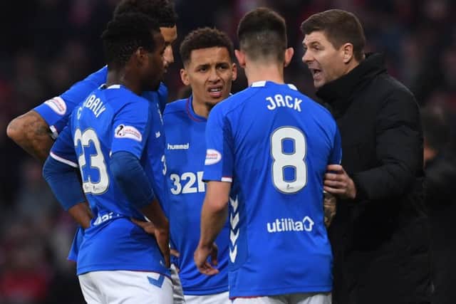 Steven Gerrard gives instructions to his players in the Betfred Cup semi-final clash with Aberdeen. Picture: SNS Group