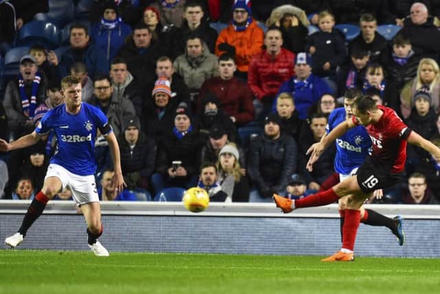 Kilmarnock's Greg Stewart scores to make it 1-1 at Ibrox. Picture: Rob Casey/SNS