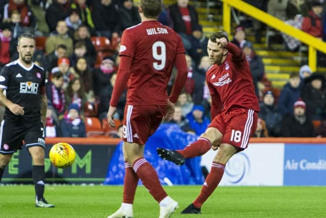 Aberdeen's Michael Devlin makes it 3-0. Picture: Sammy Turner/SNS