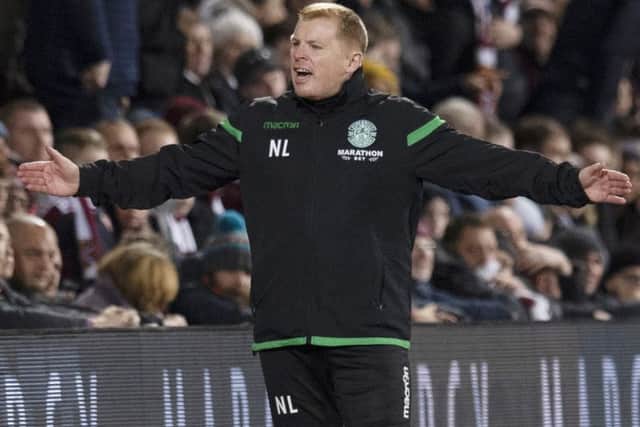 Hibs boss Neil Lennon was struck by a coin in the Edinburgh derby. Picture: SNS