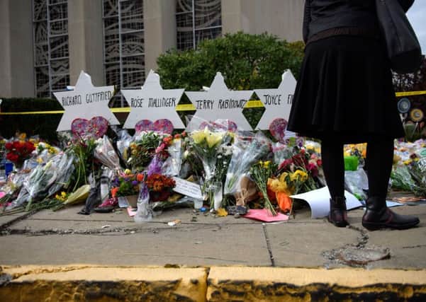 Memorials outside the Pittsburgh synagogue where 11 people were killed. Picture: Jeff Swensen/Getty