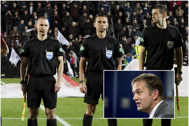 Ian Maxwell, inset, has condemned the attacks on assistant referees Frank Connor (far left) and David McGeachie (far right). Pictures: SNS Group