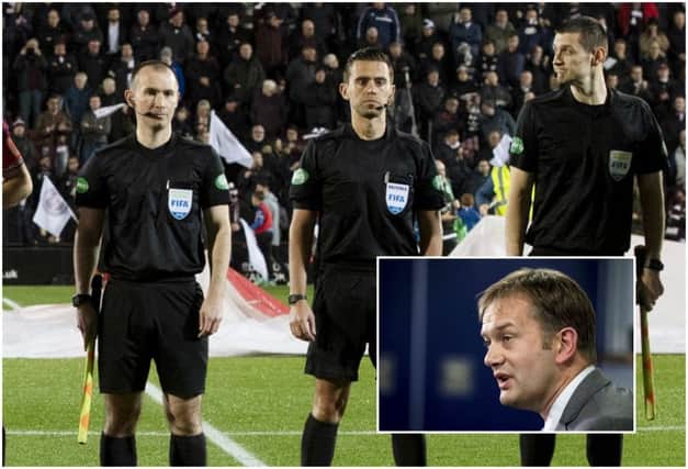 Ian Maxwell, inset, has condemned the attacks on assistant referees Frank Connor (far left) and David McGeachie (far right). Pictures: SNS Group