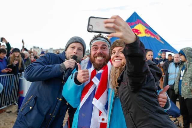 Ross Edgley finishes his 1,791-mile, 157-day Great British Swim in Margate. Picture: Luke Walker/Getty Images for Red Bull