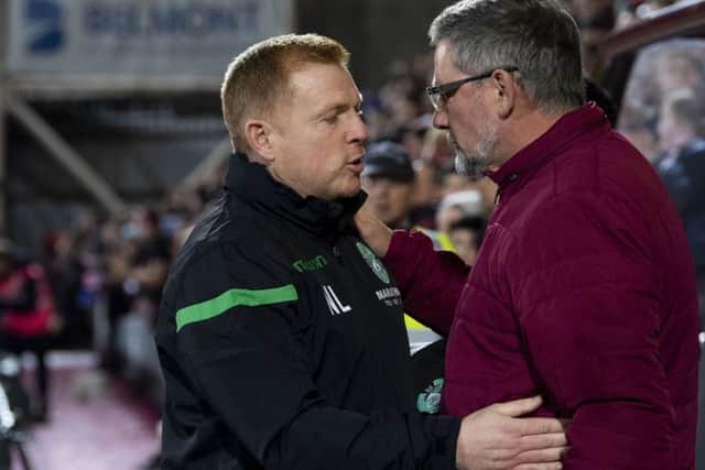 Levein with Hibs counterpart Neil Lennon before the match. Picture: SNS Group