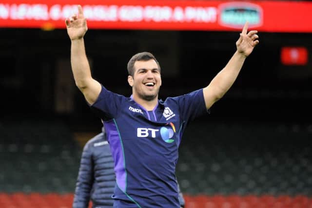 Scotland skipper Stuart McInally enjoying himself at the Principality Stadium. Picture: David Gibson/Fotosport/REX/Shutterstock